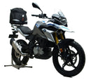 Image of the Ventura BMW G 310 GS (18 - >) EVO-12 Bike-Pack Kit showing black adjustable pack-rack, Evo-Rack mounted on a bike, and L-Bracket with screws. The pack features a logo, and the bracket is shown as a generic image.
