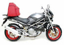 Image showcasing the Ventura EVO-12 Bike-Pack Kit. Featuring a black EVO-12 pack with orange accents, an Adjustable Pack-Rack securely attached to a Ducati 916 Monster S4 (01-03), and a generic L-bracket with screws, all labeled in striking red text for easy identification.