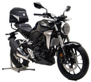 The EVO-12 Bike-Pack Kit image showcases a black bike-pack and an EVO-rack with ample mounting space, detailed with a sleek Adjustable Pack-Rack. This versatile kit for the Honda CB 300 RA (18 - >) by Ventura includes an L-bracket, screws, and bolts for hassle-free assembly.
