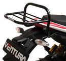 Image of the versatile Ducati 820SP Hypermotard (13-15) Kit by Ventura, featuring a sleek black bike-pack with orange accents labeled "EVO-12 PACK," an adjustable "Evo-Rack" for easy mounting, and sturdy metal brackets labeled "L-BRACKET.