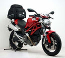 Ventura Ducati 696 Monster (08-15) EVO-12 Bike-Pack Kit includes a black EVO-12 pack, Adjustable Pack-Rack (EVO-RACK) on a motorcycle, and labeled L-Bracket set with bolts, all displayed separately on a white background.