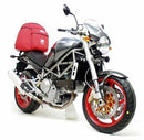 Image showcasing the Ventura EVO-12 Bike-Pack Kit. Featuring a black EVO-12 pack with orange accents, an Adjustable Pack-Rack securely attached to a Ducati 916 Monster S4 (01-03), and a generic L-bracket with screws, all labeled in striking red text for easy identification.