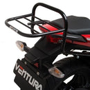 The Honda CBR 300R (15-18) EVO-12 Bike-Pack Kit by Ventura includes a black bike-pack with a red stripe, the versatile "EVO-RACK" Sport-Rack, and comes with a sturdy metal L-bracket and screws.