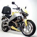 The Ventura Buell 984 Lightning XB9S (03-04) kit includes a sleek black EVO-12 Bike-Pack with orange accents, a robust black Evo-Rack, and an L-bracket with screws for quick assembly.