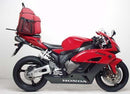 Introducing the Ventura EVO-12 Bike-Pack Kit for Honda CBR 1000 RR4/RR5 Fireblade (04-05)! Includes a sleek black EVO-12 pack, versatile Evo-Rack for secure attachment, and an L-bracket with screws. Each component is labeled for easy identification.