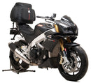 The image displays a Ventura EVO-12 Bike-Pack Kit, including the compact black EVO-12 bag with a zipper, an EVO-Rack, and an L-bracket with screws. The metallic rack integrates seamlessly with any Adjustable Pack-Rack system for easy mounting on the Aprilia Tuono V4 (11-20).