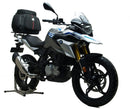 Image of the Ventura BMW G 310 GS (18 - >) EVO-12 Bike-Pack Kit showing black adjustable pack-rack, Evo-Rack mounted on a bike, and L-Bracket with screws. The pack features a logo, and the bracket is shown as a generic image.