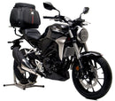 The EVO-12 Bike-Pack Kit image showcases a black bike-pack and an EVO-rack with ample mounting space, detailed with a sleek Adjustable Pack-Rack. This versatile kit for the Honda CB 300 RA (18 - >) by Ventura includes an L-bracket, screws, and bolts for hassle-free assembly.