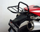 Ventura Ducati 696 Monster (08-15) EVO-12 Bike-Pack Kit includes a black EVO-12 pack, Adjustable Pack-Rack (EVO-RACK) on a motorcycle, and labeled L-Bracket set with bolts, all displayed separately on a white background.