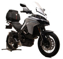 The Ventura EVO-12 Bike-Pack Kit for Ducati 950S Multistrada (17-20) includes a black EVO-12 pack, adjustable Evo-Rack mounted on the bike, and a labeled image of a black L-bracket set with screws.