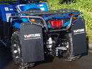A CF Moto ATV X500 Farm Spec (17-18) with large tires, a rear cargo rack, and mud flaps labeled "Ventura" has a personalized company logo. It's blue and parked on a wet road with green foliage in the background.