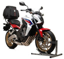 The Ventura EVO-12 Bike-Pack Kit for the Honda CB 650FAE (2014) includes a black EVO-12 pack, Evo-Rack, L-Bracket with screws, and an Adjustable Pack-Rack. It's crafted from durable metal for easy motorcycle installation and versatile storage solutions.