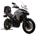 The Ventura EVO-12 Bike-Pack Kit for Ducati 950S Multistrada (17-20) includes a black EVO-12 pack, adjustable Evo-Rack mounted on the bike, and a labeled image of a black L-bracket set with screws.