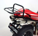The Ventura EVO-12 Bike-Pack Kit for Ducati 1098 (07-08) includes a black EVO-12 bike pack, an Evo-Rack mounted on the motorcycle, and a labeled L-Bracket with screws, shown in a generic image on a white background.