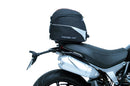 Image of the Ventura EVO-12 Bike-Pack Kit with a Ducati 1100 Scrambler (2018) showcasing a sleek black EVO-12 pack with an orange stripe, featuring the versatile Evo-Rack mounted on a bike frame and L-Bracket parts displayed separately.