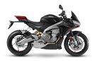 The Aprilia 660 Factory (23 - >) EVO-12 Bike-Pack Kit by Ventura includes a black EVO-12 pack, an Adjustable Pack-Rack rear EVO-Rack mounted on your motorcycle, and L-shaped metal brackets with screws, each labeled in red text.