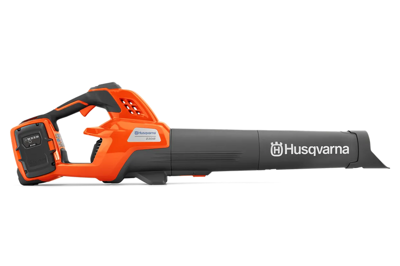 The Husqvarna 230iB Leaf Blower skin, featuring a brushless motor for enhanced efficiency, showcases a sleek orange design with black and gray accents. The "Husqvarna" name is proudly displayed on the tube, and its ergonomic handle ensures comfortable operation.