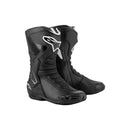 The ALPINESTARS SMX-6 v3 Boots are black motorcycle boots with white accents, offering reinforced protection, ventilation panels, and a sleek design for high-performance riding.
