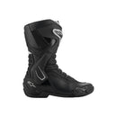 The ALPINESTARS SMX-6 v3 Boots are black motorcycle boots with white accents, offering reinforced protection, ventilation panels, and a sleek design for high-performance riding.