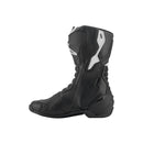 The ALPINESTARS SMX-6 v3 Boots are black motorcycle boots with white accents, offering reinforced protection, ventilation panels, and a sleek design for high-performance riding.