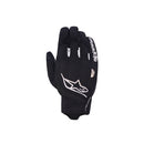A single black Alpinestars motorcycle glove shown from the back, featuring white Alpinestars logo graphics and white stitching on a solid white background.