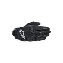 The ALPINESTARS Sp X 7 Gloves are black short sports gloves featuring knuckle impact protection, perforations for airflow and breathability, and a white ALPINESTARS logo on the back, shown from a side view.