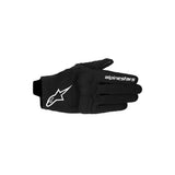 The ALPINESTARS Reef V2 Womens Gloves in black feature a white logo and brand name on the back, protective knuckles for safety, and are shown flat with fingers extended and palm down.