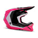 The FOX YOUTH V1 NITRO HELMET (BLK/PINK) is a full-face youth moto helmet in black, white, and bright pink with visor, mesh-vented chin guard, ECE 22.06 certification, and the FOX logo on the side and chin area.