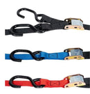 Three O'Neal Tie Downs - 1 Inch from ONEAL, in black, blue, and red, are vertically aligned. Each tie down includes a metal cam buckle and secure hooks on both ends for extra security. Designed to secure loads with a 600lb working load capacity, the black tie down is positioned at the top, followed by blue in the middle and red at the bottom.