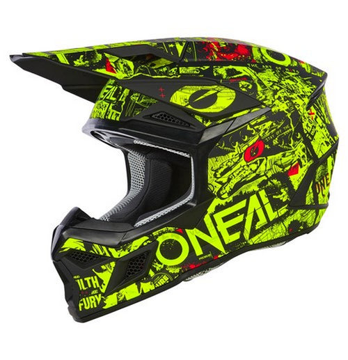 The O'Neal 2025 Youth 3SRS ATTACK Helmet in Black/Neon Yellow, crafted by ONEAL, features a sleek, aerodynamic Polycarbonate/ABS shell adorned with neon yellow graphic designs and logos. Its fully adjustable visor enhances both style and protection, promising the ultimate riding experience.