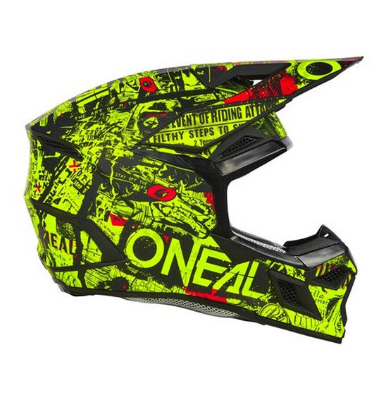 The O'Neal 2025 Youth 3SRS ATTACK Helmet in Black/Neon Yellow, crafted by ONEAL, features a sleek, aerodynamic Polycarbonate/ABS shell adorned with neon yellow graphic designs and logos. Its fully adjustable visor enhances both style and protection, promising the ultimate riding experience.