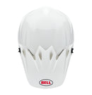 The Bell MX-9 MIPS White full-face helmet features a polycarbonate shell, visor peak, and the Velocity Flow ventilation system for comfort. The BELL logo in red and black adorns the side.