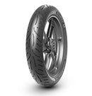 A black Metzeler ROADTEC 02 - Super-Sport-Touring NEW! tyre from METZELER, with prominent adaptive tread patterns, is displayed. The tire features branding on the sidewall, including the text 'ROADTEC™ 02'. It is mounted on a grey, multi-spoked wheel.