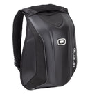 A black Ogio MACH S Motorcycle Backpack - Stealth is shown from the back. It features padded shoulder straps, a waist strap with a small zippered pouch, and a logo reading "Ogio" near the top. Sporting No Drag Technology, it also boasts additional branding that says “Mach S” and features an innovative U-shaped expansion gusset.