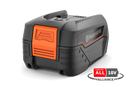 A Husqvarna Aspire™ P4A 18-B72 Battery with a compact, rectangular design. The battery features a black and gray color scheme with an orange latch and a label indicating "Husqvarna." Perfect for gardens, a small label reads "Power for ALL 18V" in the bottom right corner.
