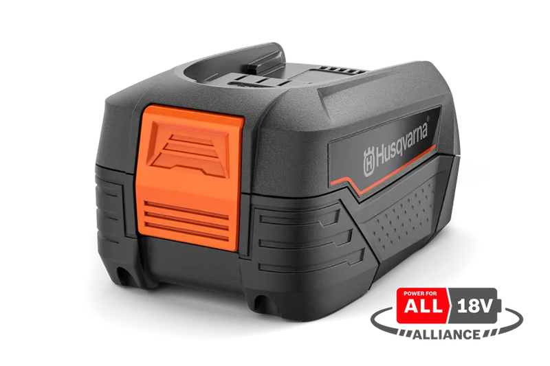A Husqvarna Aspire™ P4A 18-B72 Battery with a compact, rectangular design. The battery features a black and gray color scheme with an orange latch and a label indicating "Husqvarna." Perfect for gardens, a small label reads "Power for ALL 18V" in the bottom right corner.