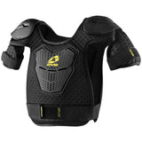The EVS Sports BANTAM Youth Roost Deflector, shown in black and yellow on a white background, features chest and shoulder padding for excellent impact protection in motocross.