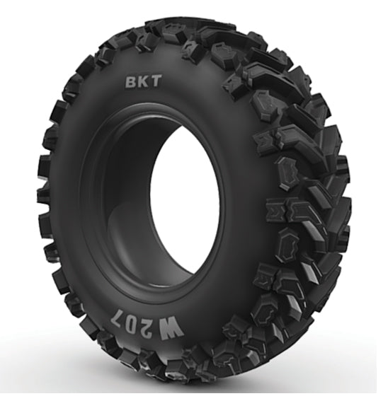 A black, rugged off-road tire known as the "BKT W207 - All Terrain Bias" from BKT. This tire boasts large, angular tread blocks crafted for superior traction on rough terrains and is enhanced by a deep tread design that provides additional grip. The white background accentuates the tire’s texture and highlights its puncture resistance features.