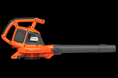 A Husqvarna 120iBV Blower/Vac (skin) with a large nozzle, perfect for your garden or forestry tasks. The blower features a top handle, operation buttons, and a wheel attachment at the base of the nozzle for easier maneuverability. Its modern design ensures efficient outdoor leaf clearing.