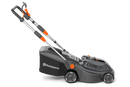 A black and gray Husqvarna Aspire™ L34 Lawn Mower (Skin) with an 18V system is shown. Featuring a sleek, lightweight, and foldable design with adjustable handle heights and orange accent details, it fits effortlessly into your storage space. A graphic in the lower right corner displays "Power for ALL 18V," indicating its battery compatibility.