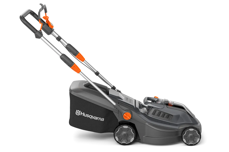 Image of a Husqvarna Aspire™ L34 Lawn Mower (Kit) with an 18V battery. The black mower, accented in orange, features a sleek design and a grass collection bag at the back. With the POWER FOR ALL battery system, its handlebar is adjustable and foldable for easy storage.