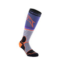 Introducing the MX Pro Socks by Crown Kiwi Enterprises Limited: a colorful knee-high design that showcases stripes in blue, purple, orange, and black. This sock is enhanced with an emblem near the top and crafted from moisture-wicking fabric for ultimate comfort. Ideal for pairing with off-road boots, it features striking orange accents on the heel and toe.