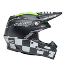 Introducing the Bell MOTO-9S FLEX FH SMKBMB Matte/Gloss Hiviz Yellow helmet, a safety-focused motocross helmet designed with a black, white, and green color scheme. This BELL helmet features Fasthouse branding and boasts eye-catching checkerboard patterns on the lower section. The design includes a visor and the reliable FINTEC locking system, making it ideal for off-road racing enthusiasts.