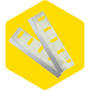 Two metal shear blades with multiple elongated holes lie on a yellow hexagonal background. The blades are angled slightly, with one overlapping the other. Their polished surfaces reflect light, indicating sharpness and precision—ideal tools for gardens and meticulous trimming tasks. These blades are part of the Hansa C13 Replacement Knife by Hansa.