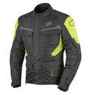 Introducing the RJAYS VENTURE Jacket Blk/Yel - WP Touring by Rjays: A black motorcycle jacket with bright yellow accents, designed with multiple pockets, adjustable straps on the arms and waist, and a high collar. The sleeves feature zippered sections, CE Armour for added protection, and subtle branding is visible on the chest and forearm.
