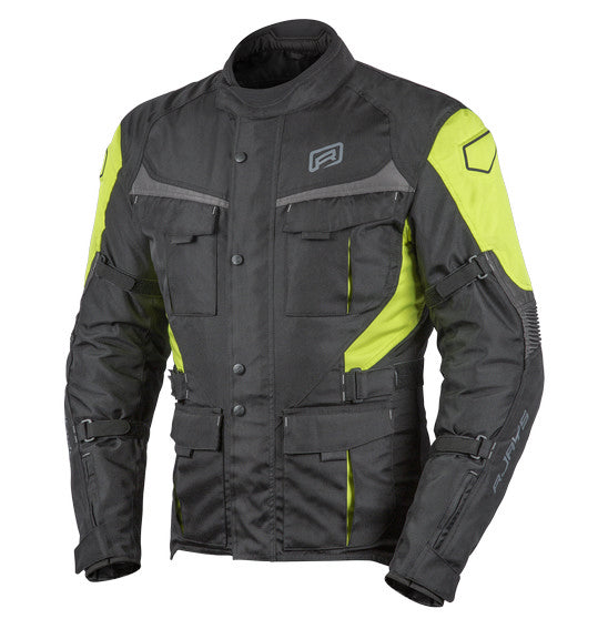 Introducing the RJAYS VENTURE Jacket Blk/Yel - WP Touring by Rjays: A black motorcycle jacket with bright yellow accents, designed with multiple pockets, adjustable straps on the arms and waist, and a high collar. The sleeves feature zippered sections, CE Armour for added protection, and subtle branding is visible on the chest and forearm.
