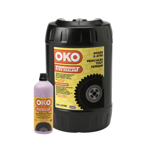 The image shows two containers of OKO Tyre Sealant - ATV / Quad / SxS, specifically designed for ATVs. The larger container has a capacity of 25 liters, while the smaller one holds a lesser amount. Both black containers feature yellow labels with text and graphics, making them ideal for quad bike tyre sealant and puncture repair needs.