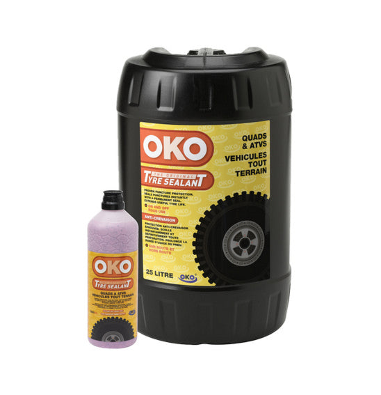 The image shows two containers of OKO Tyre Sealant - ATV / Quad / SxS, specifically designed for ATVs. The larger container has a capacity of 25 liters, while the smaller one holds a lesser amount. Both black containers feature yellow labels with text and graphics, making them ideal for quad bike tyre sealant and puncture repair needs.