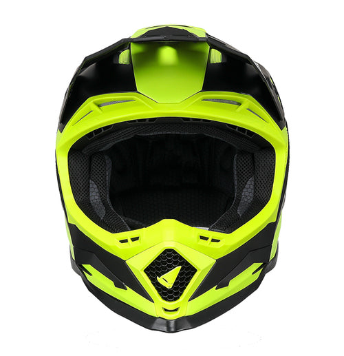 The UFO Echus Helmet in neon yellow and black features angular geometric designs, an alien logo near the back, and "UFO" branding. ECE 22.06 certified, it ensures top-notch safety for off-road adventures with its visor-equipped design.