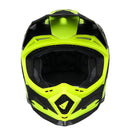 The UFO Echus Helmet in neon yellow and black features angular geometric designs, an alien logo near the back, and "UFO" branding. ECE 22.06 certified, it ensures top-notch safety for off-road adventures with its visor-equipped design.